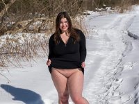 Brunette BBW rids ball gag and ropes while posing nude and barefoot in snow - Photo #10