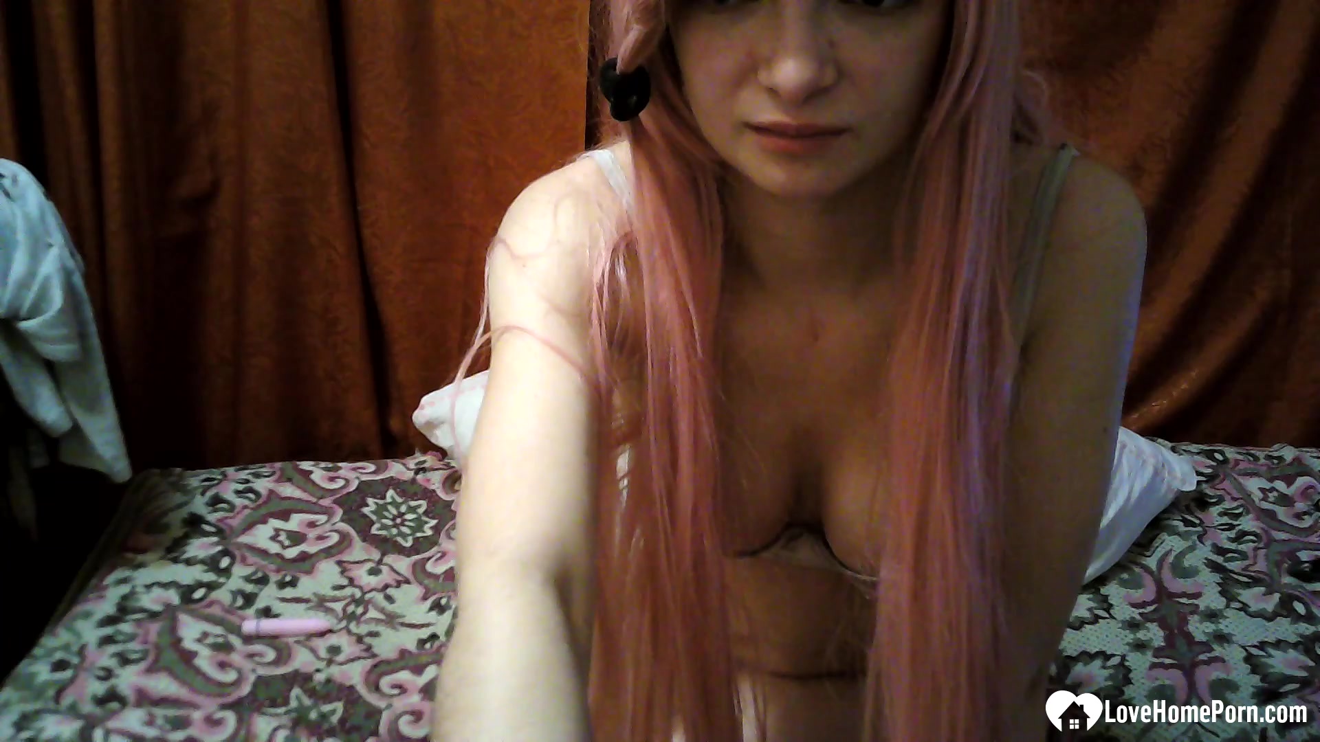 Amazing pink-haired stepsister plays with her pussy