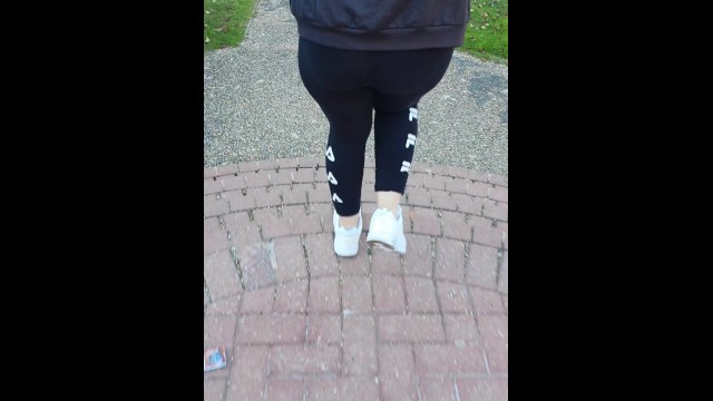 Step mom in black leggings doesn't wear panties get fucked on the street by nerdy step son