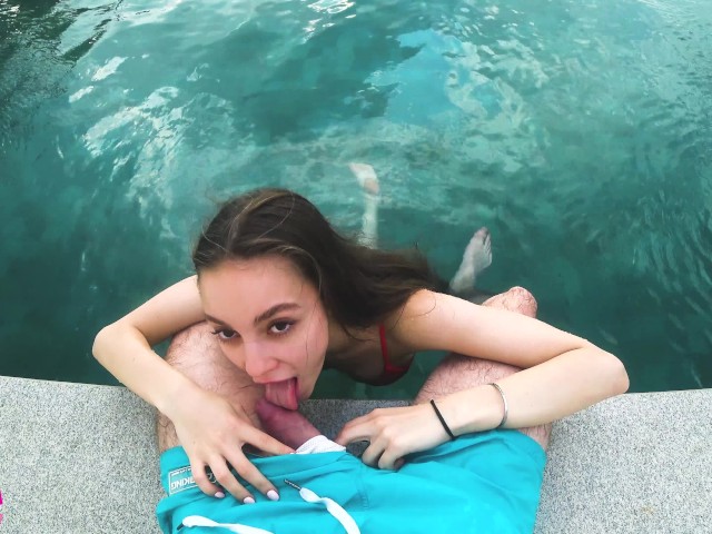 Accidentally cum in her pussy near the rooftop pool - SolaZola