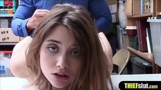 Petite teenie busted while shoplifting pays with pussy