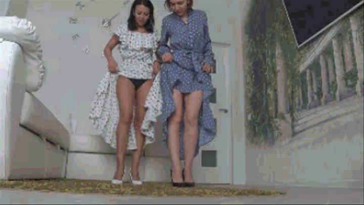 Look under our long polka dot dresses and jerk off d