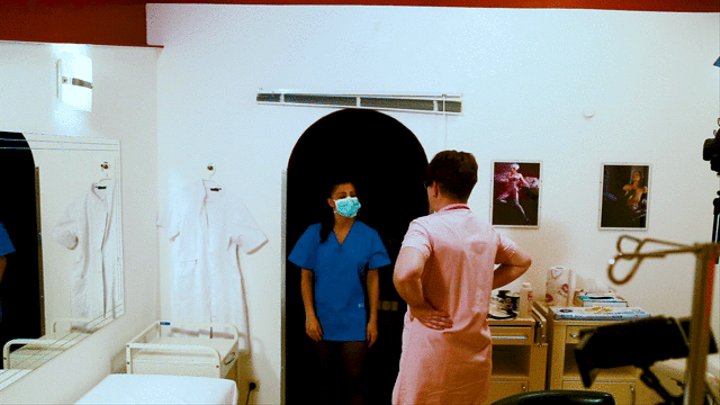 Anal examination by the young apprentice and the mature head nurse