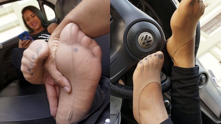 Alexandra's foot massages and tickles! warm nylon socks in car - MOV